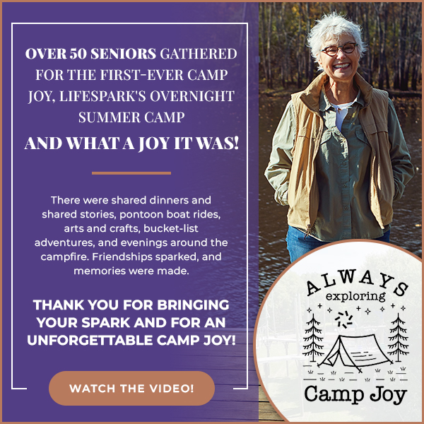Purple panel promoting a camp for seniors with message about joy, memories, and a 'Watch the video!' button next to a photo of a smiling senior woman by a lake. Includes a circular Camp Joy badge saying 'Always exploring'.